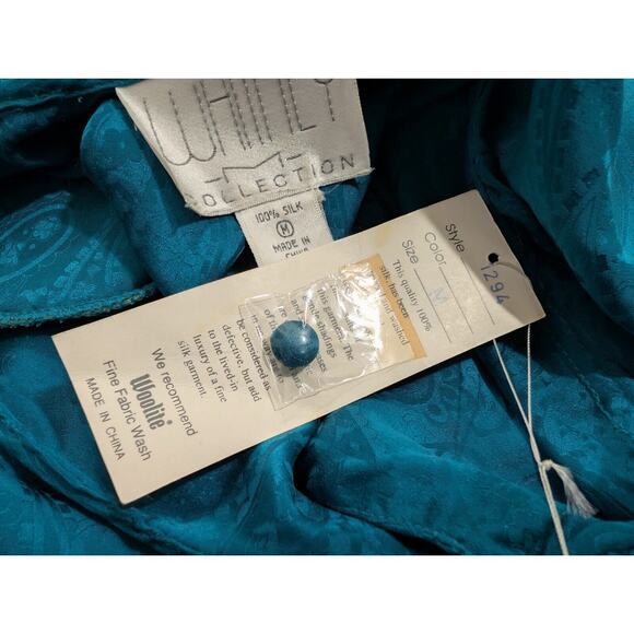 Vintage 90s Blouse Teal Green Silk Paisley Ruffle Top Shirt Misses Size M New - Picture 8 of 9